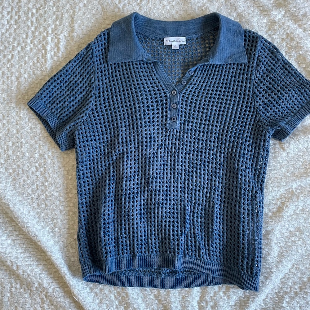 Calvin Klein Jeans Mesh Knit Top in Blue